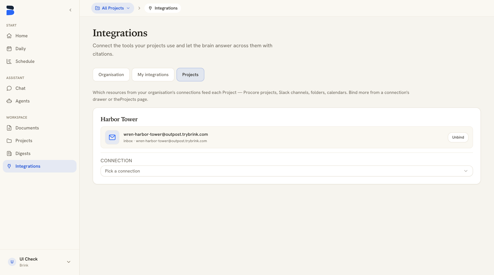 Integrations page, Projects tab, listing bindings per project