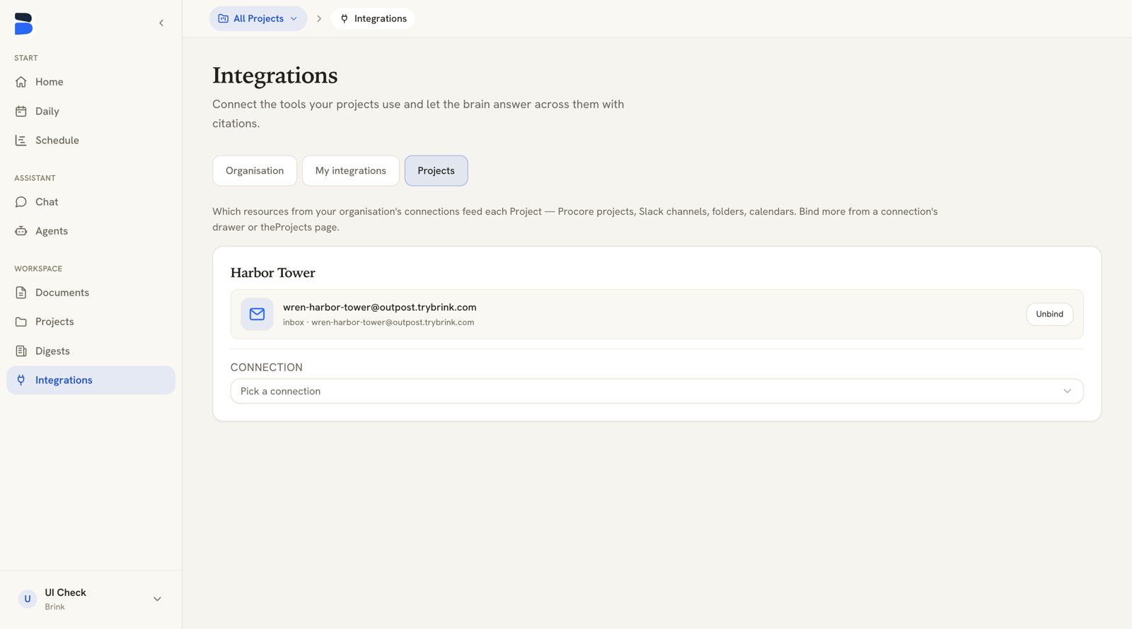 Integrations page, Projects tab, listing bindings per project