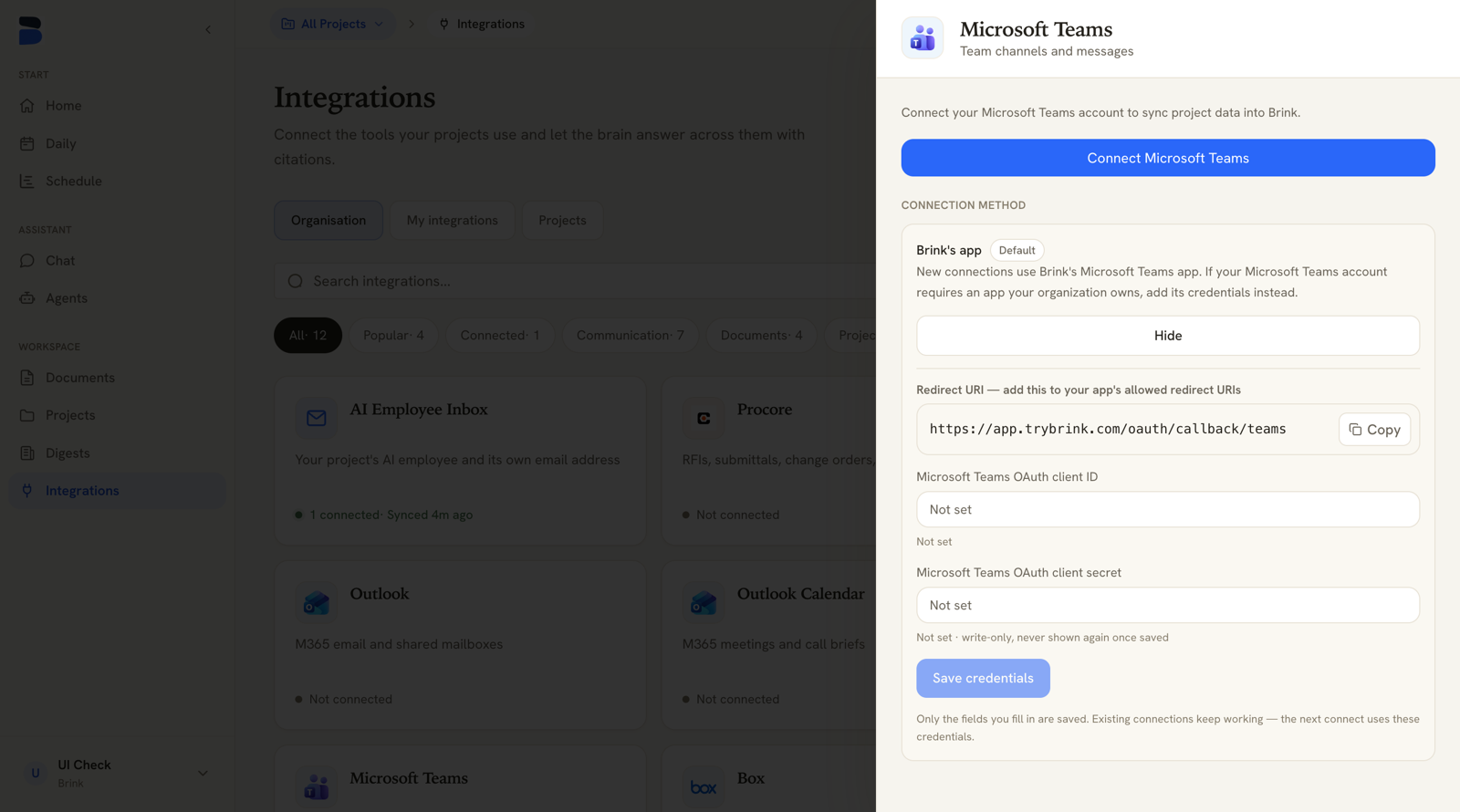 Connection method panel with redirect URI, client ID and client secret fields