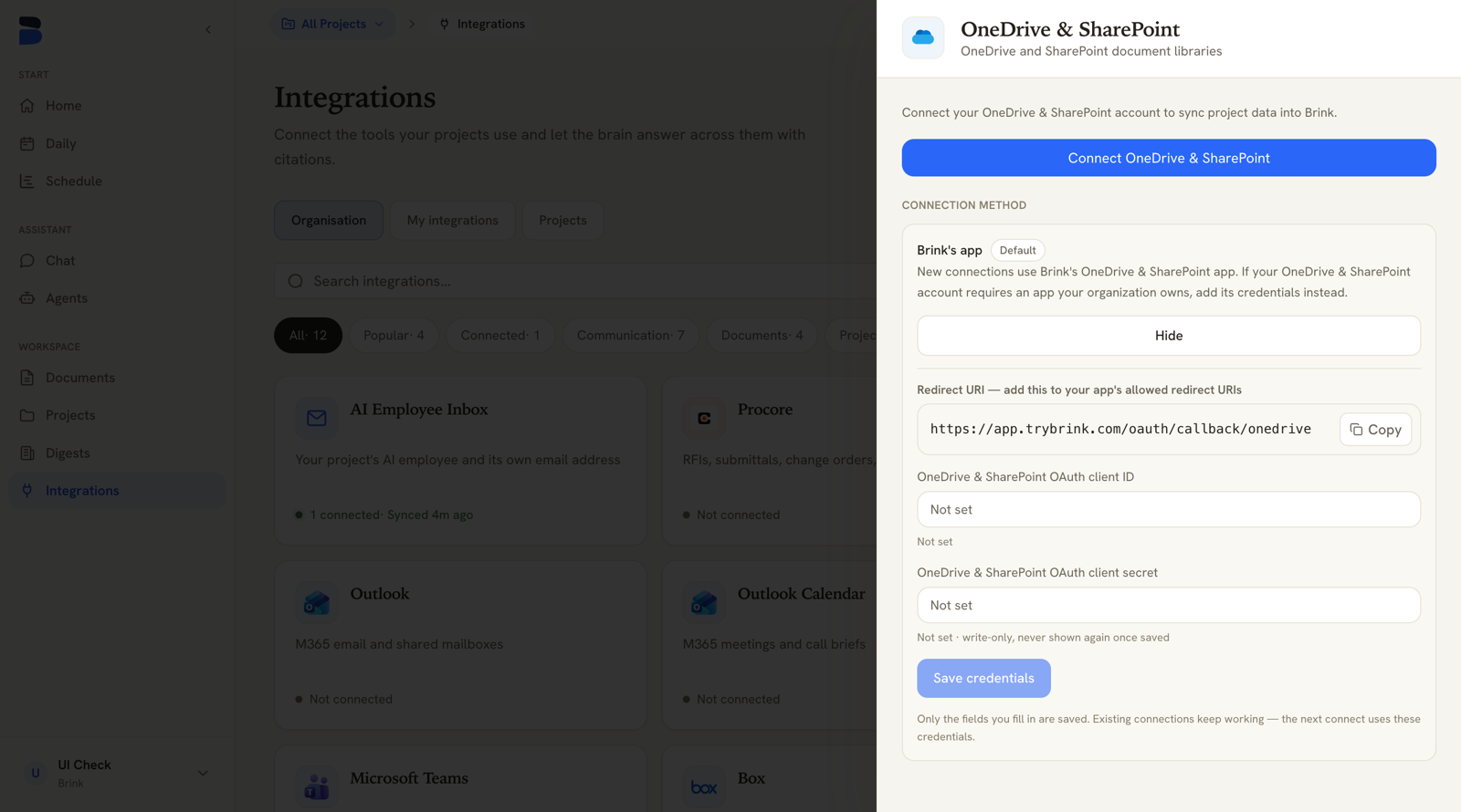 OneDrive connection method panel with redirect URI and client credential fields