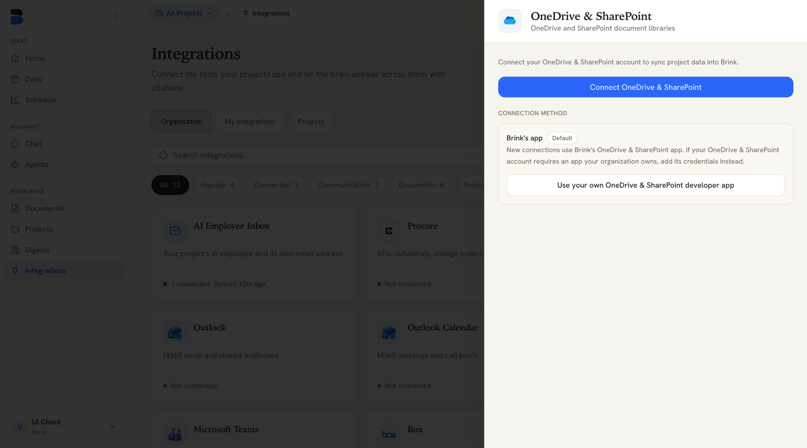 Integrations page with the OneDrive & SharePoint drawer open