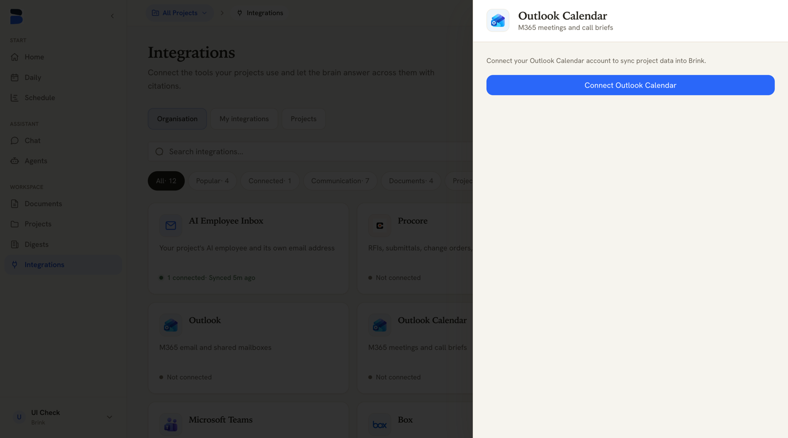 Integrations page with the Outlook Calendar drawer open