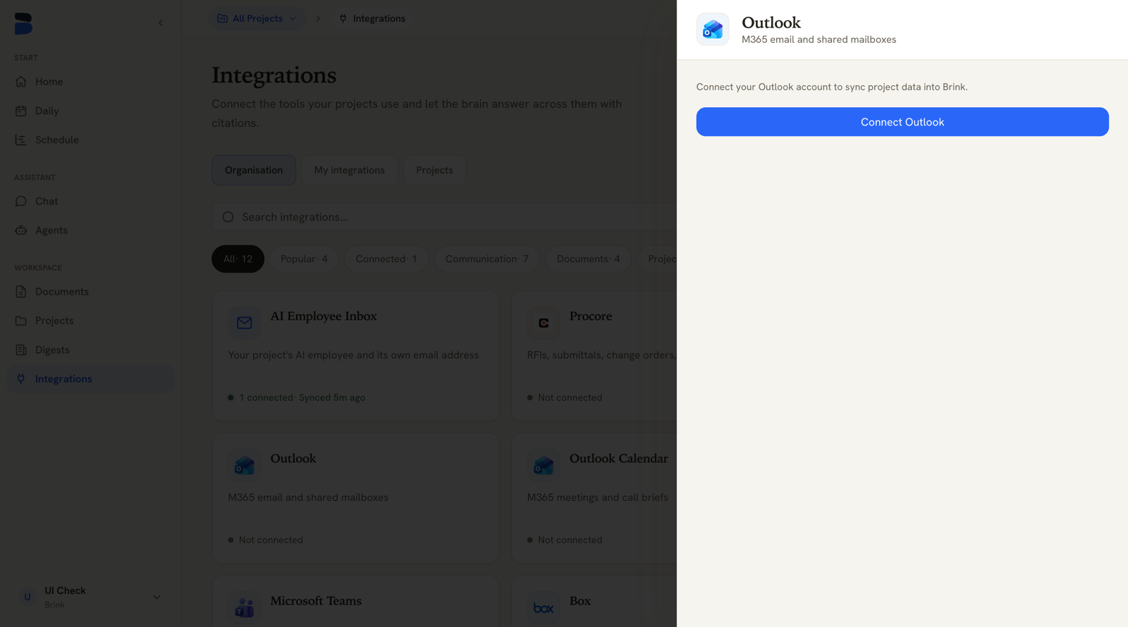 Integrations page with the Outlook drawer open