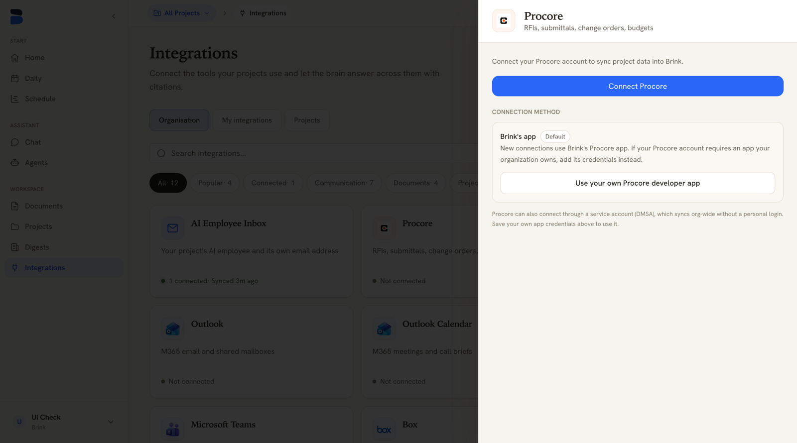 Brink Integrations page with the Procore drawer open