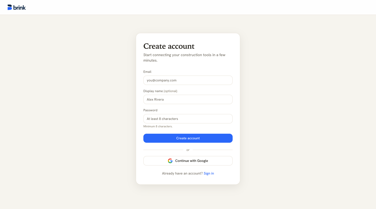 Brink create-account page