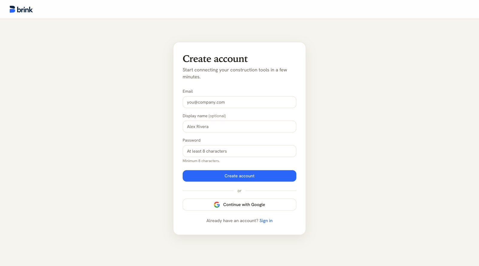 Brink create-account page