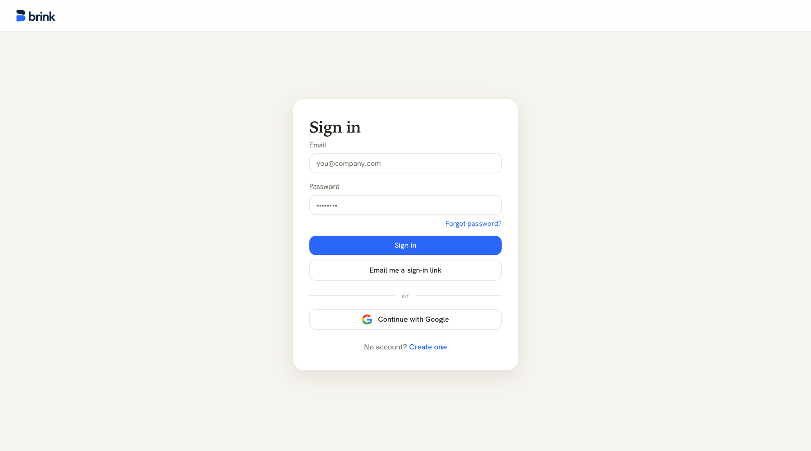 Brink sign-in page with email, password, Google, and email-a-link options