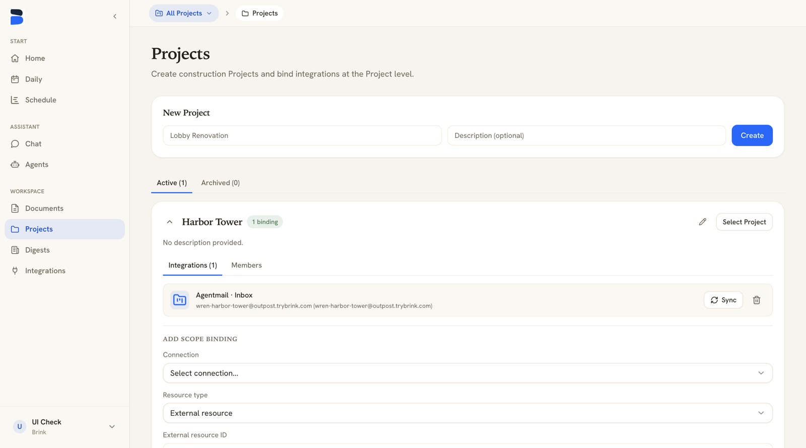 Add scope binding form on the Projects page