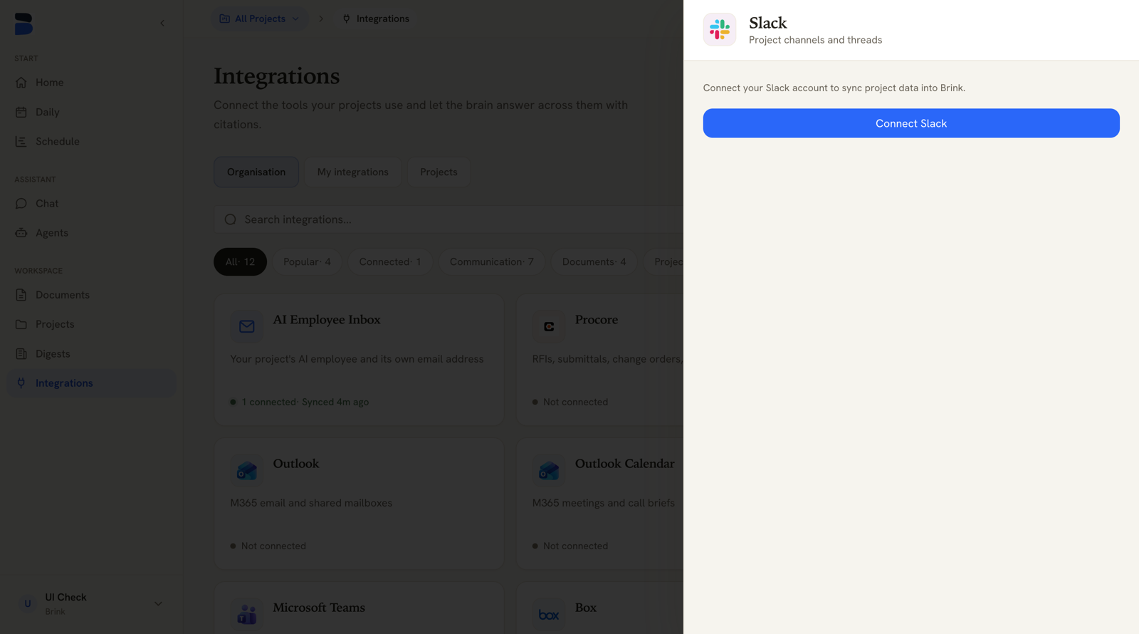 Slack connection drawer with a Connect Slack button