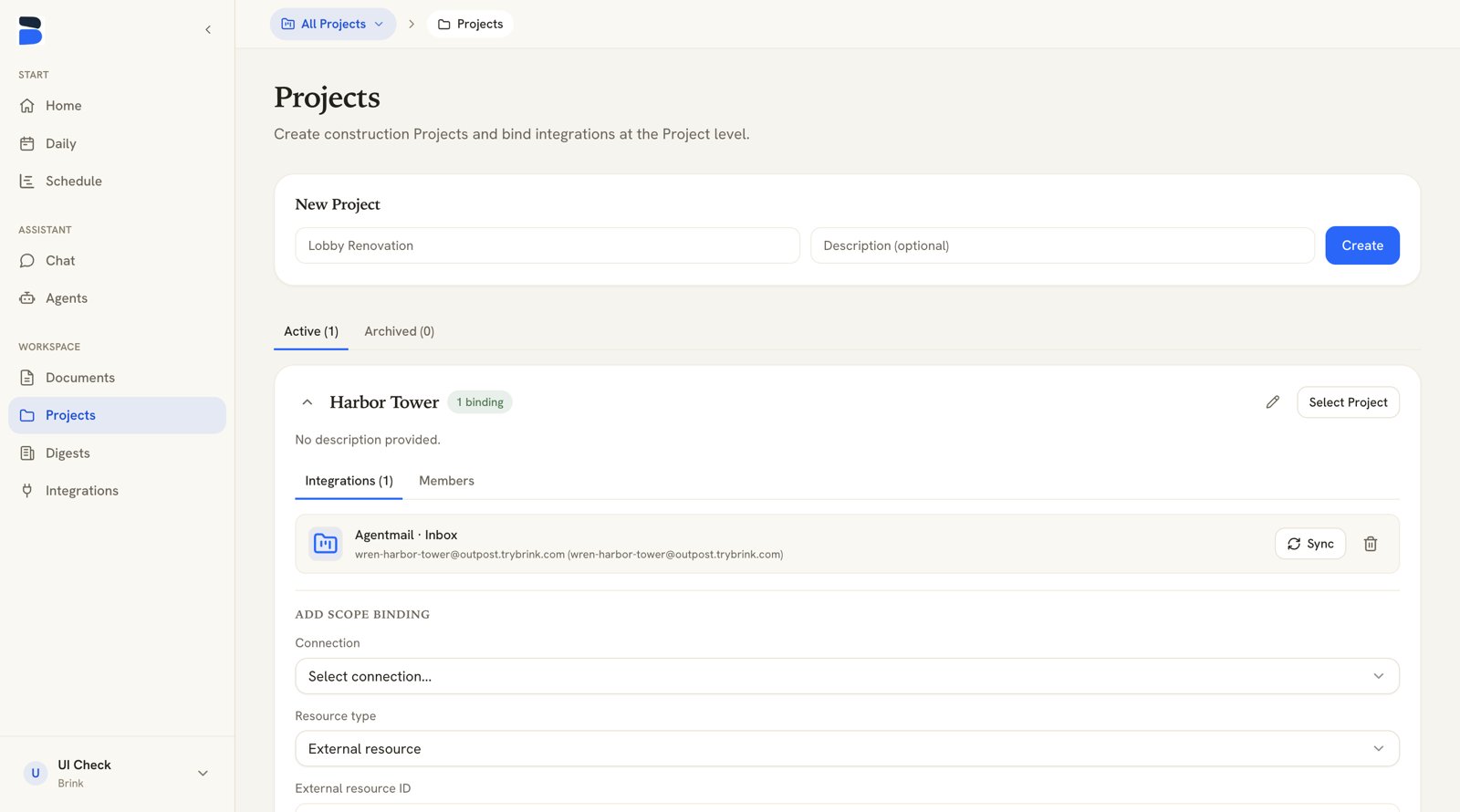 Projects page with a project expanded to its Integrations tab