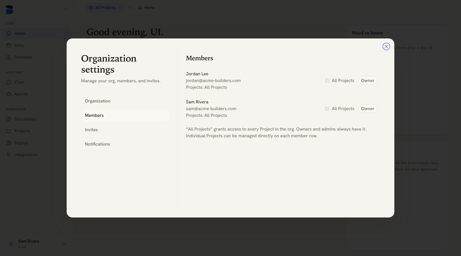 Organization settings Members tab listing members with their roles