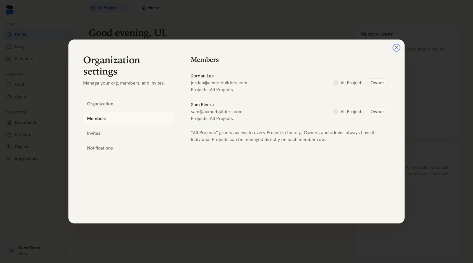 Organization settings Members tab listing members with their roles