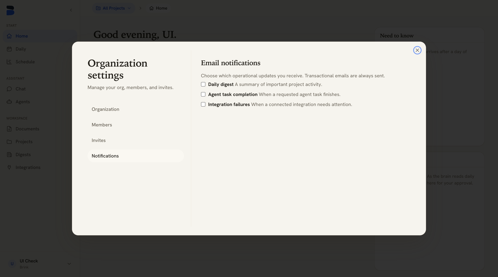 Organization settings Notifications tab with three email notification toggles