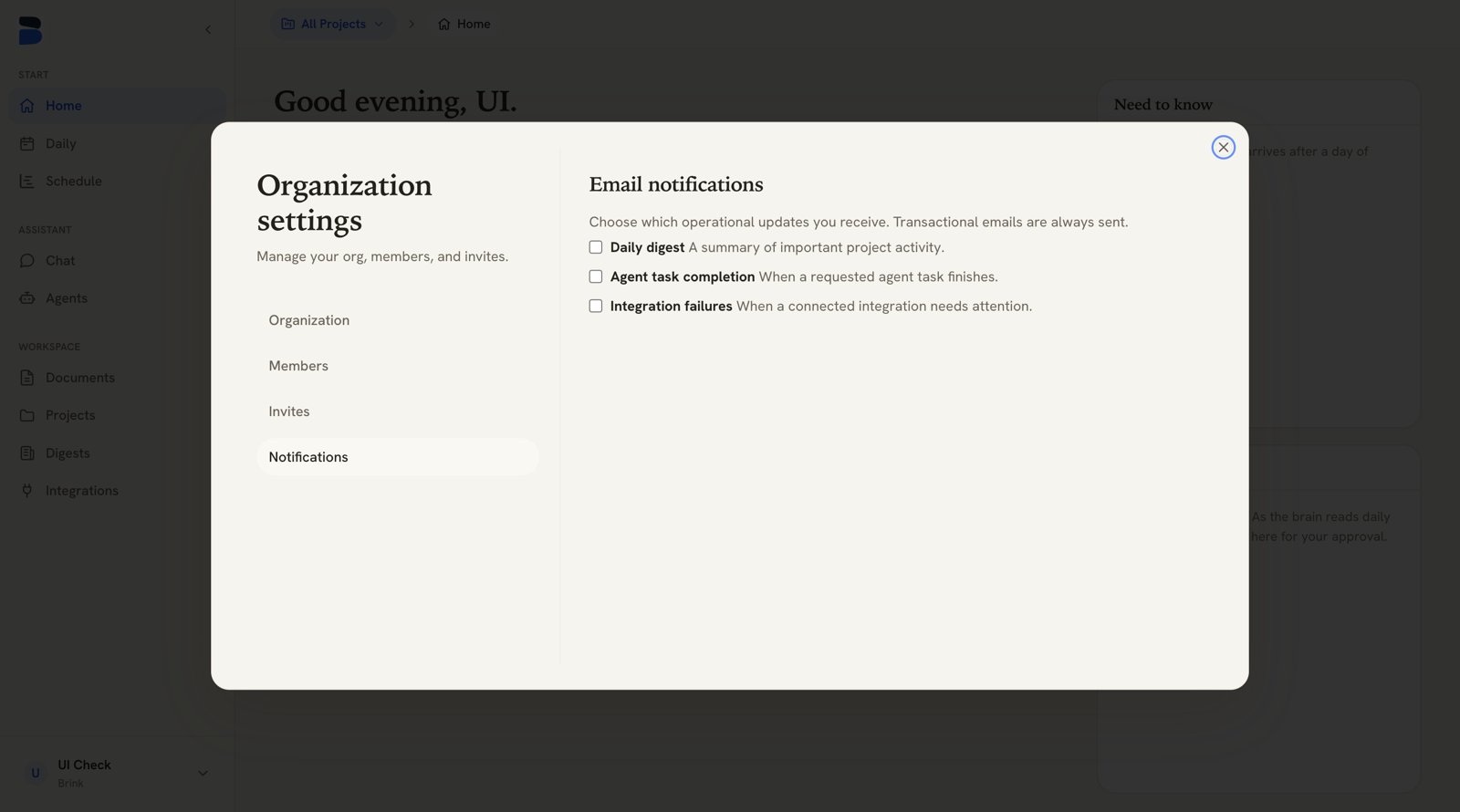 Organization settings Notifications tab with three email notification toggles