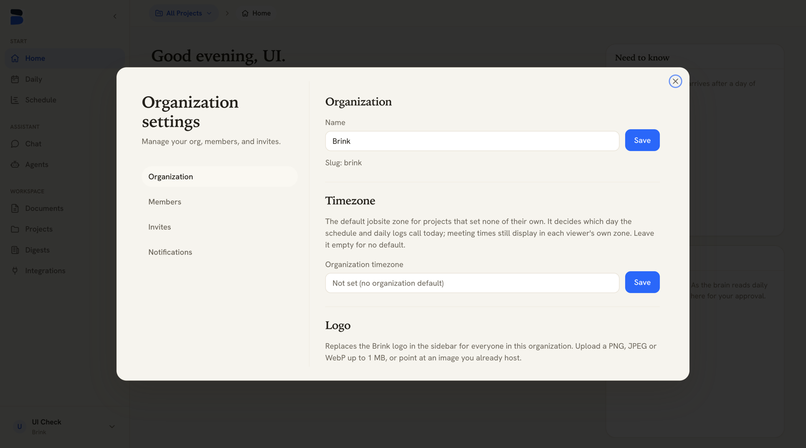 Brink organization settings page showing the Organization tab
