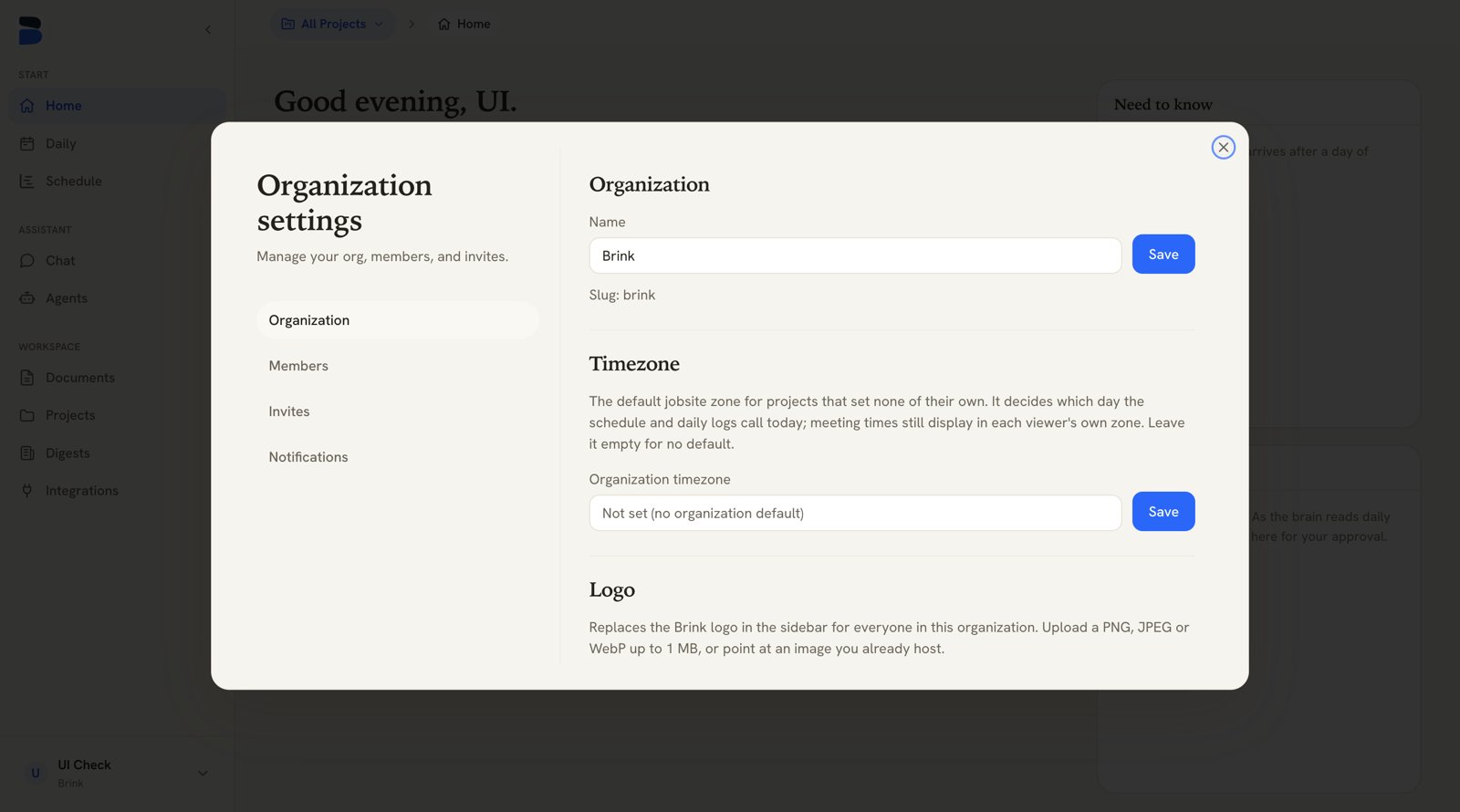 Brink organization settings page showing the Organization tab