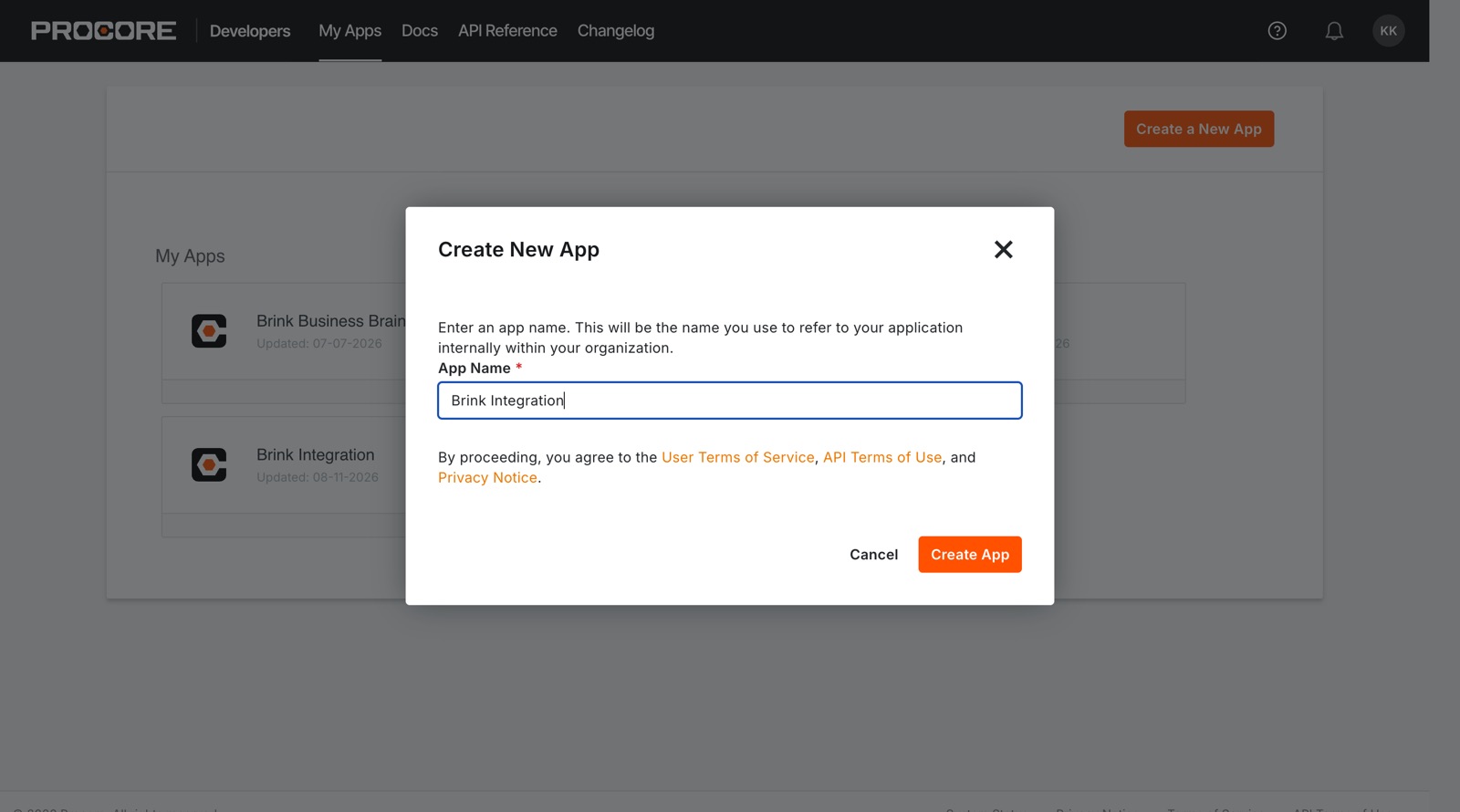 Create a New App dialog with the app name filled in