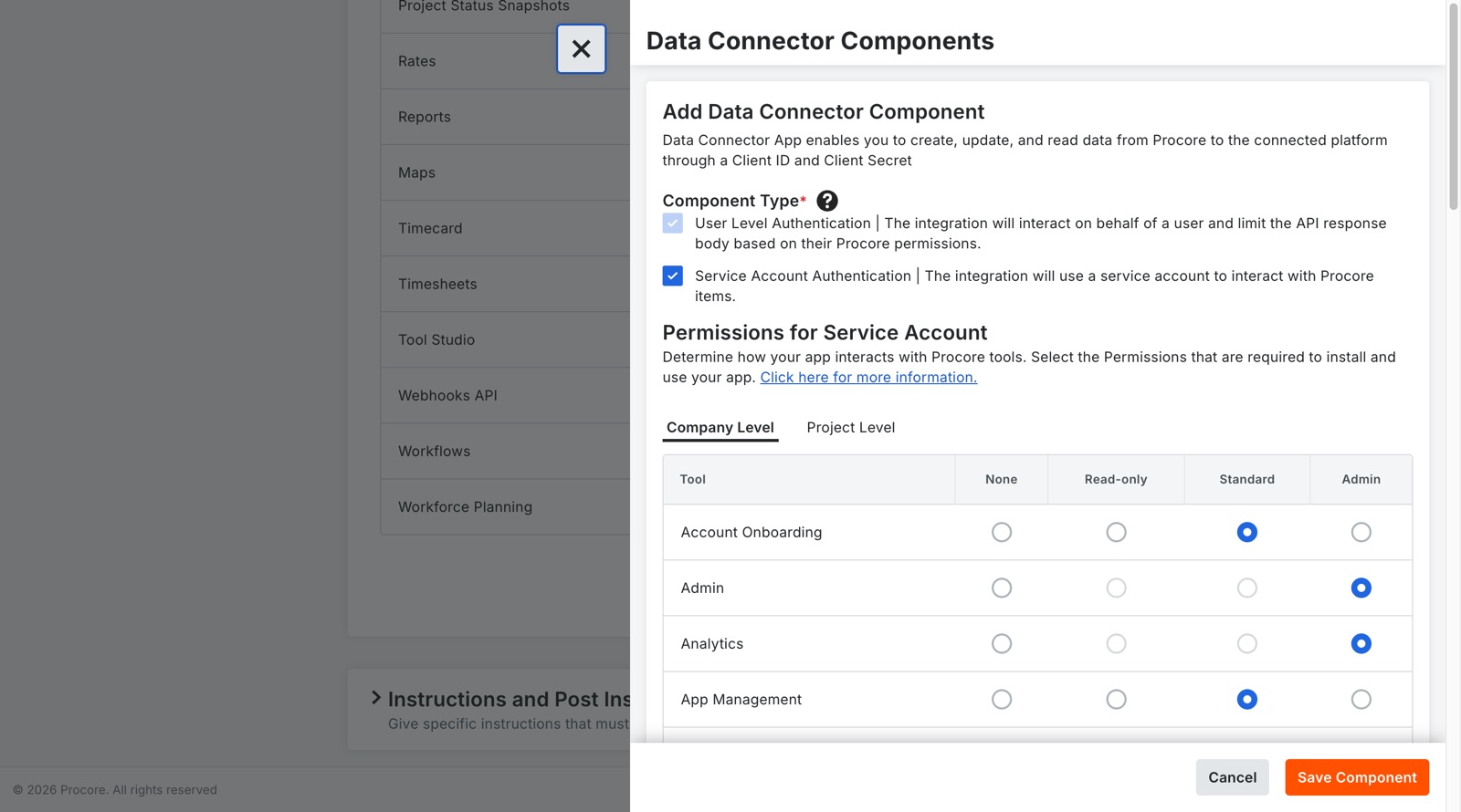 Add Data Connector Component dialog with User Level and Service Account Authentication checked