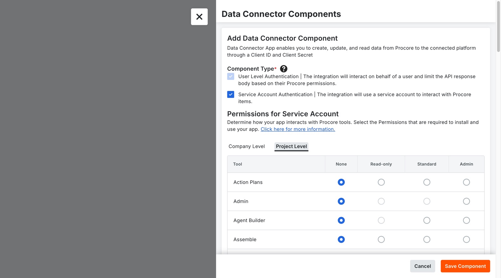 Project Level tab of the service account permissions matrix
