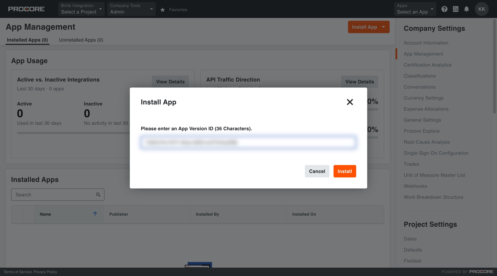 Install App dialog with the App Version Key pasted in