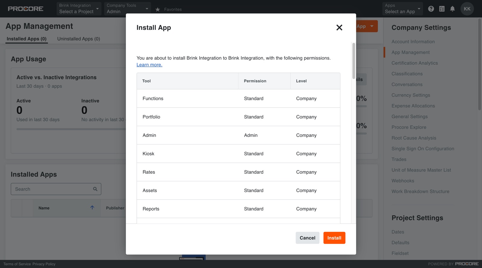 Install confirmation dialog listing every tool permission