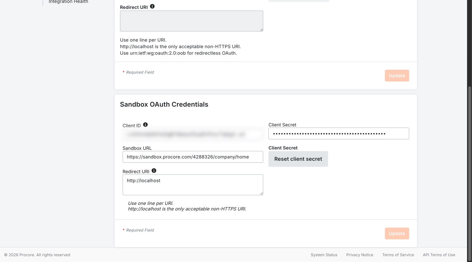 OAuth Credentials page with Client ID, Redirect URI field, and masked Client Secret