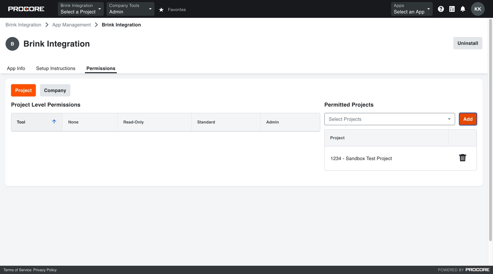 Permissions tab of the installed app with a project in the Permitted Projects table