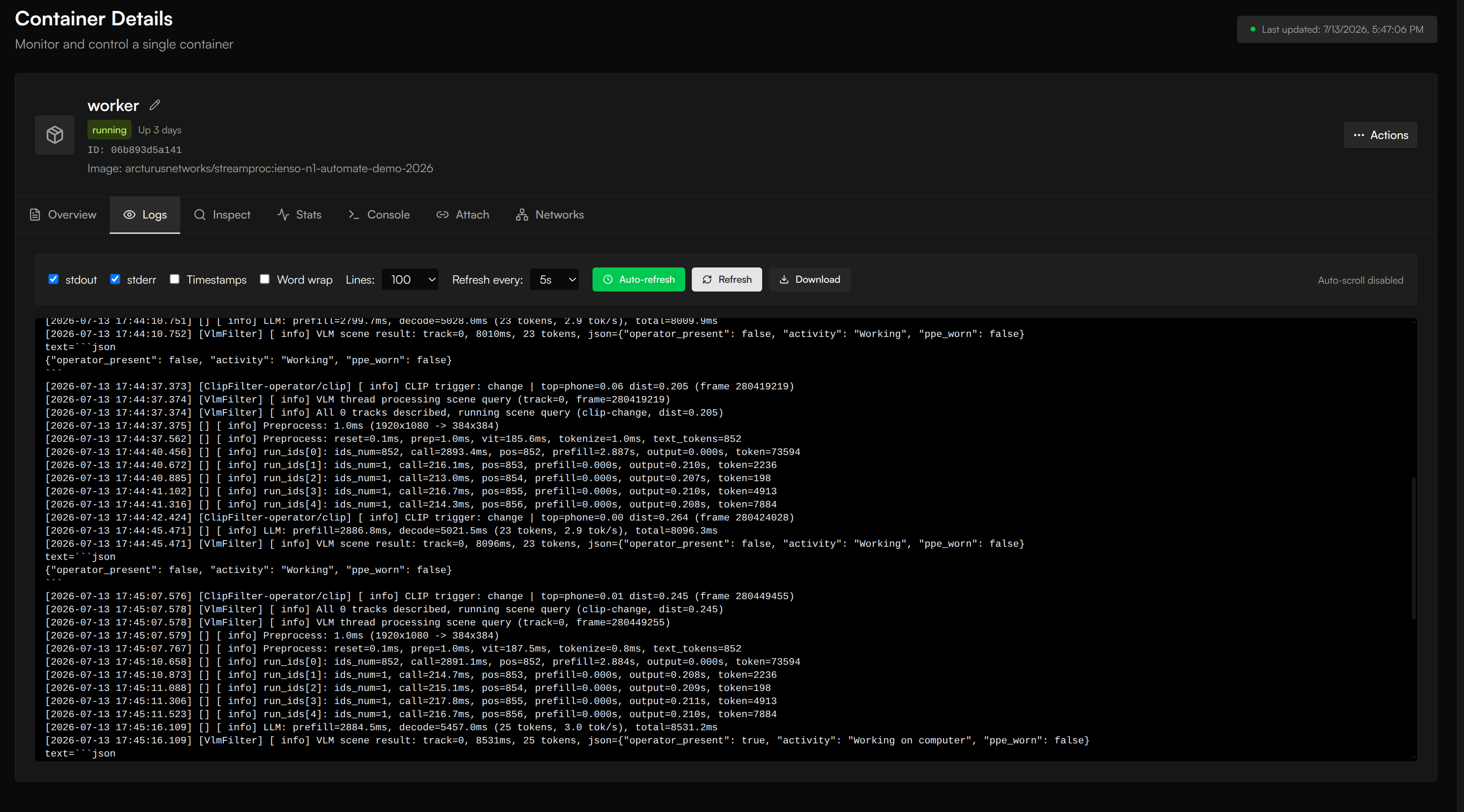 Container Details Logs tab streaming live logs with filter and download controls