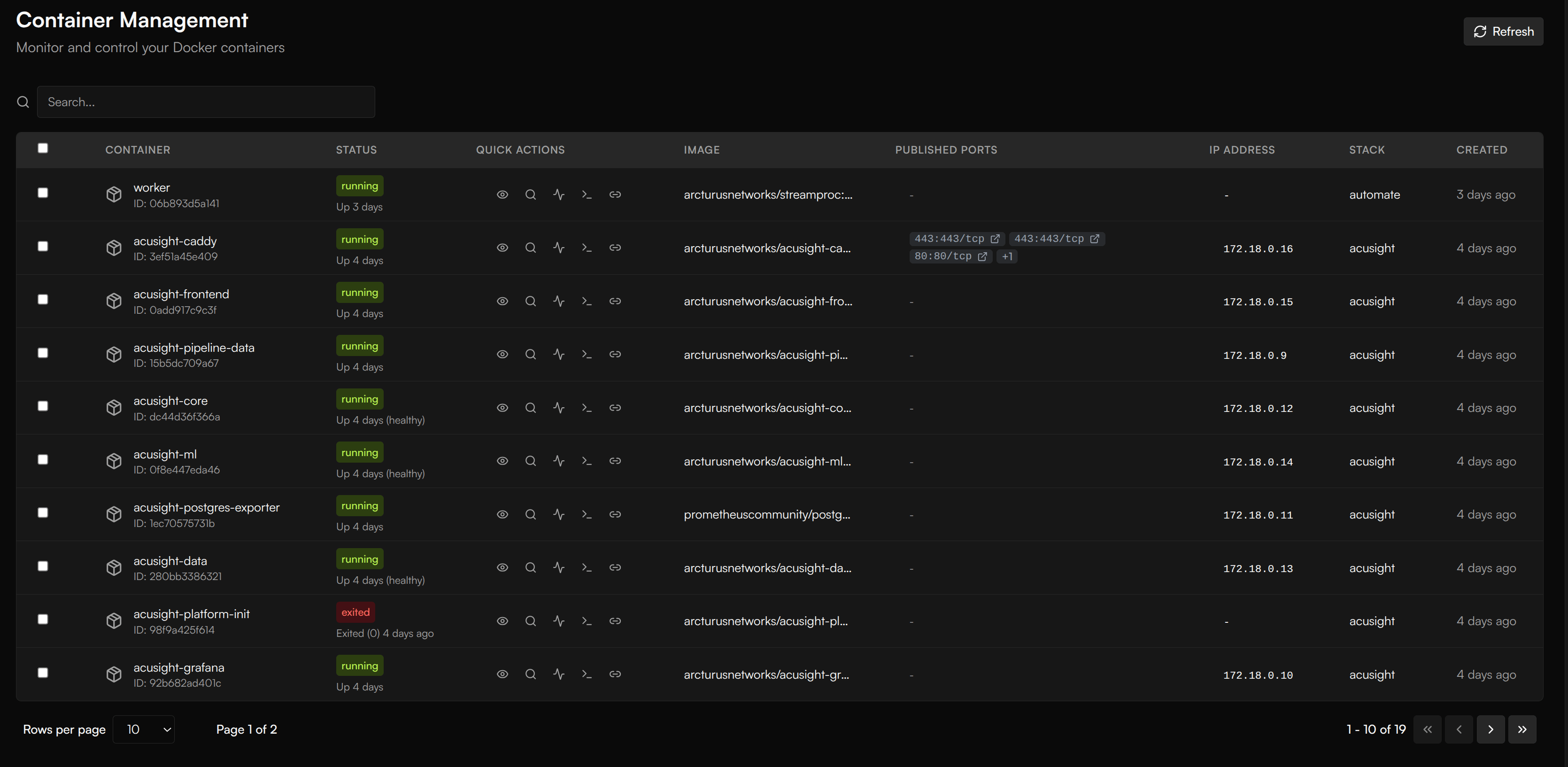 Container Management page listing the device's containers with statuses and quick actions