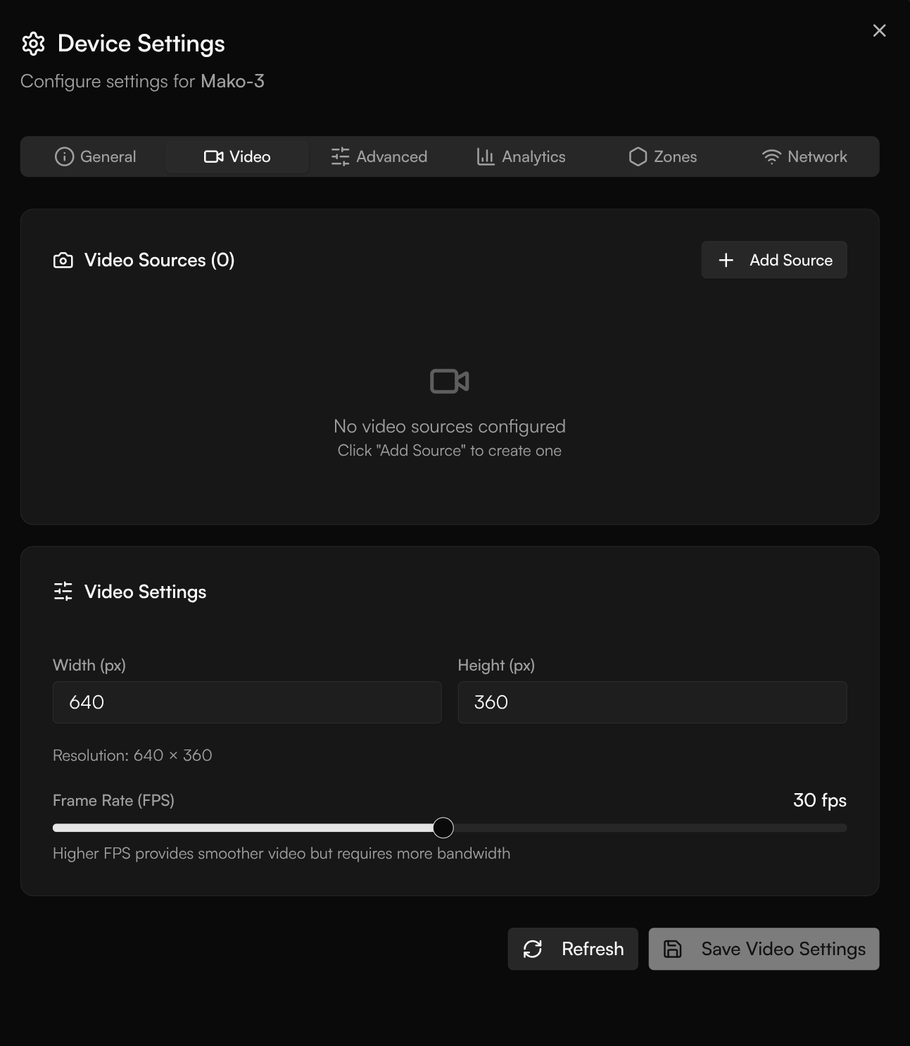 Device Settings dialog showing the General, Video, Advanced, Analytics, Zones, and Network tabs