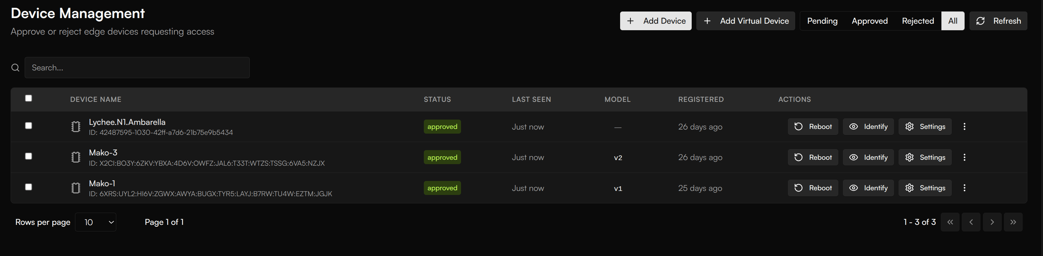 Device Management page with Reboot, Identify, and Settings actions on each device