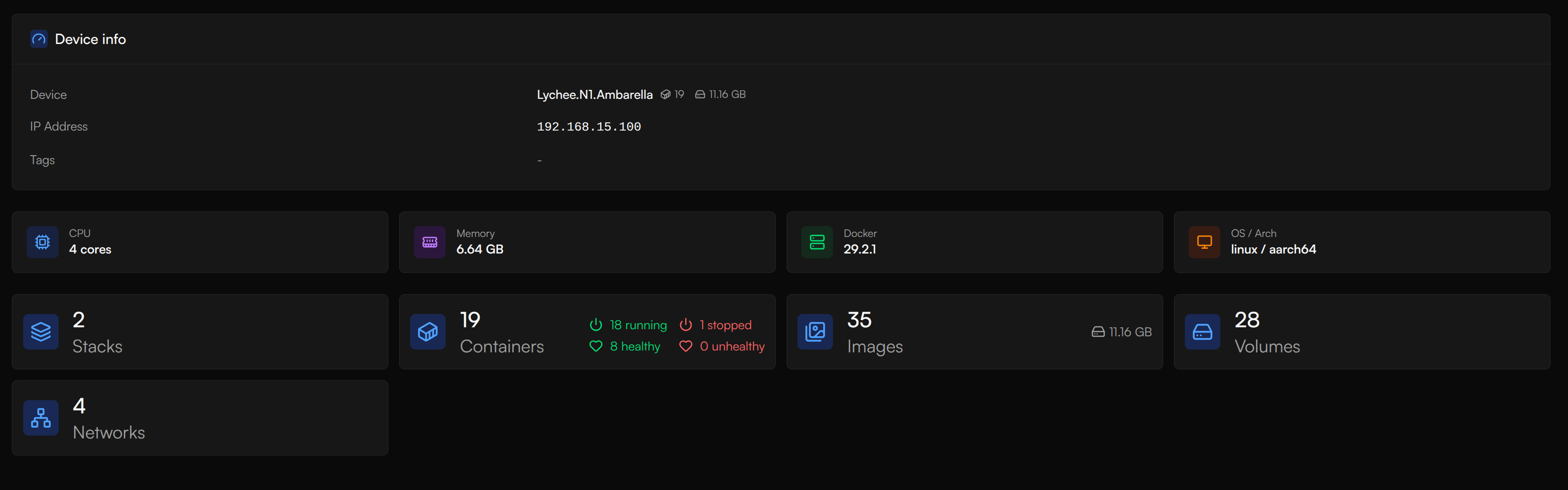 Device info panel with CPU, memory, Docker version, and container, image, volume, and network counts