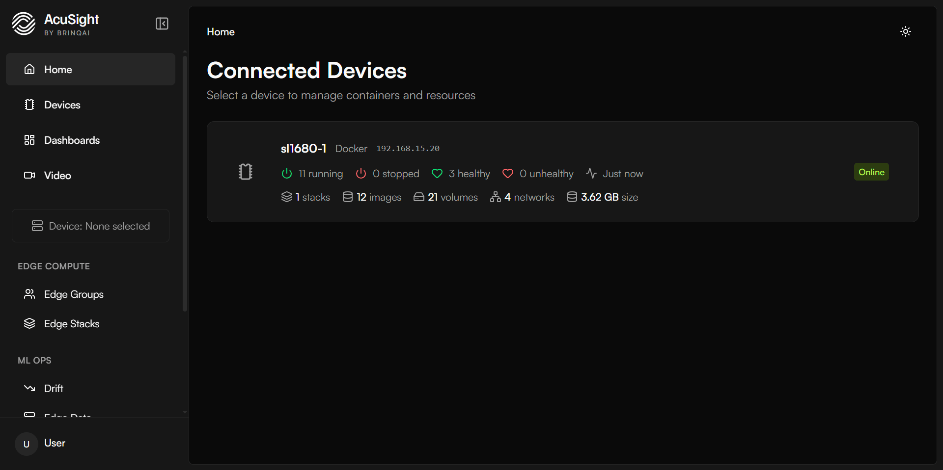 Devices page with a list of connected devices