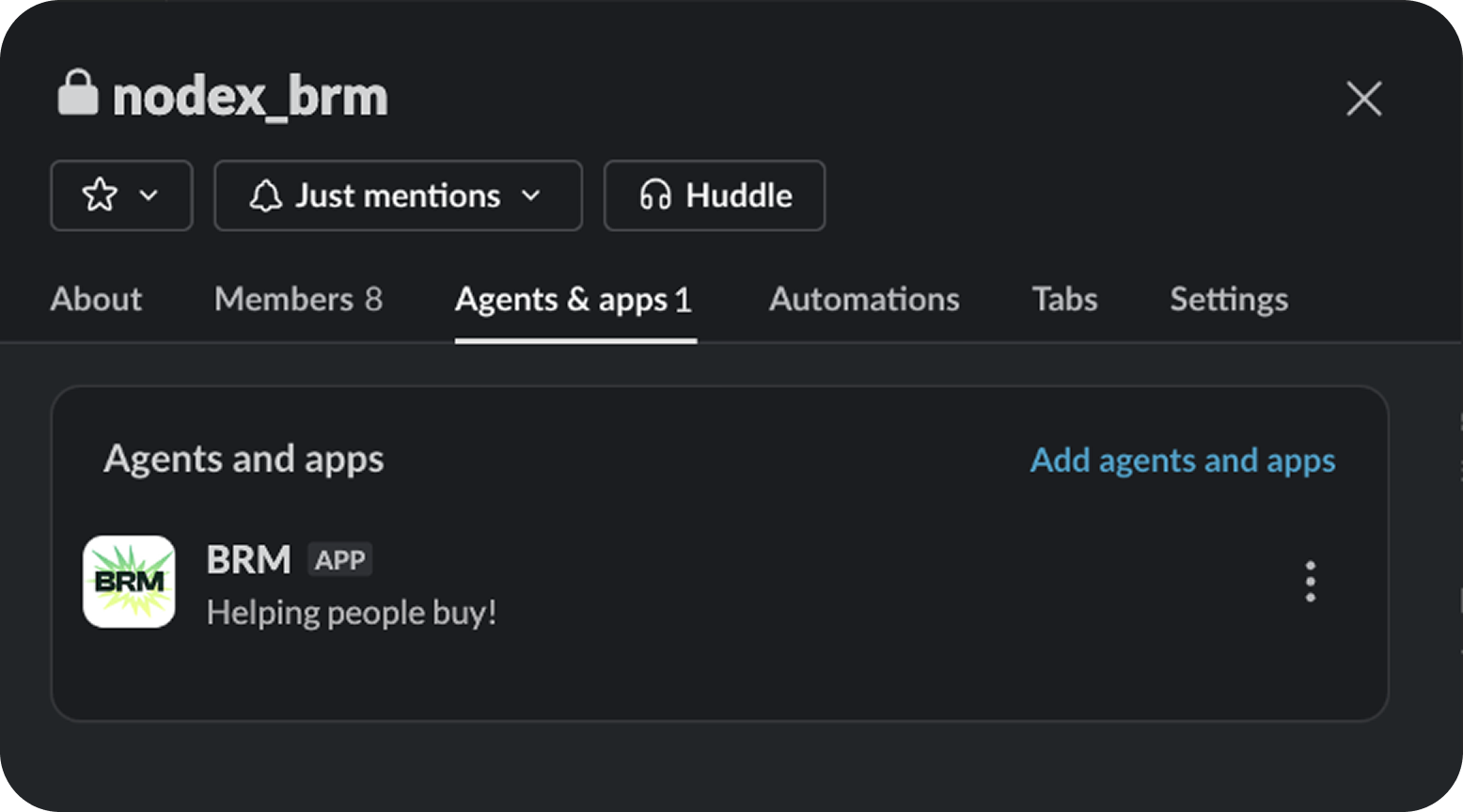 Channel settings, Agents & apps tab