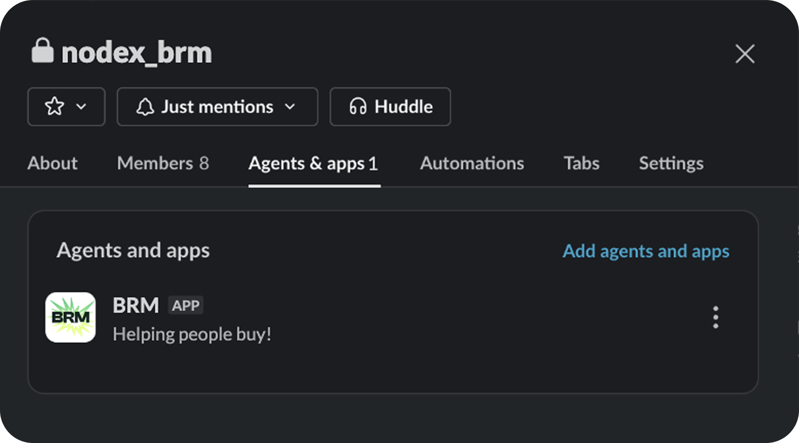 Channel settings, Agents & apps tab