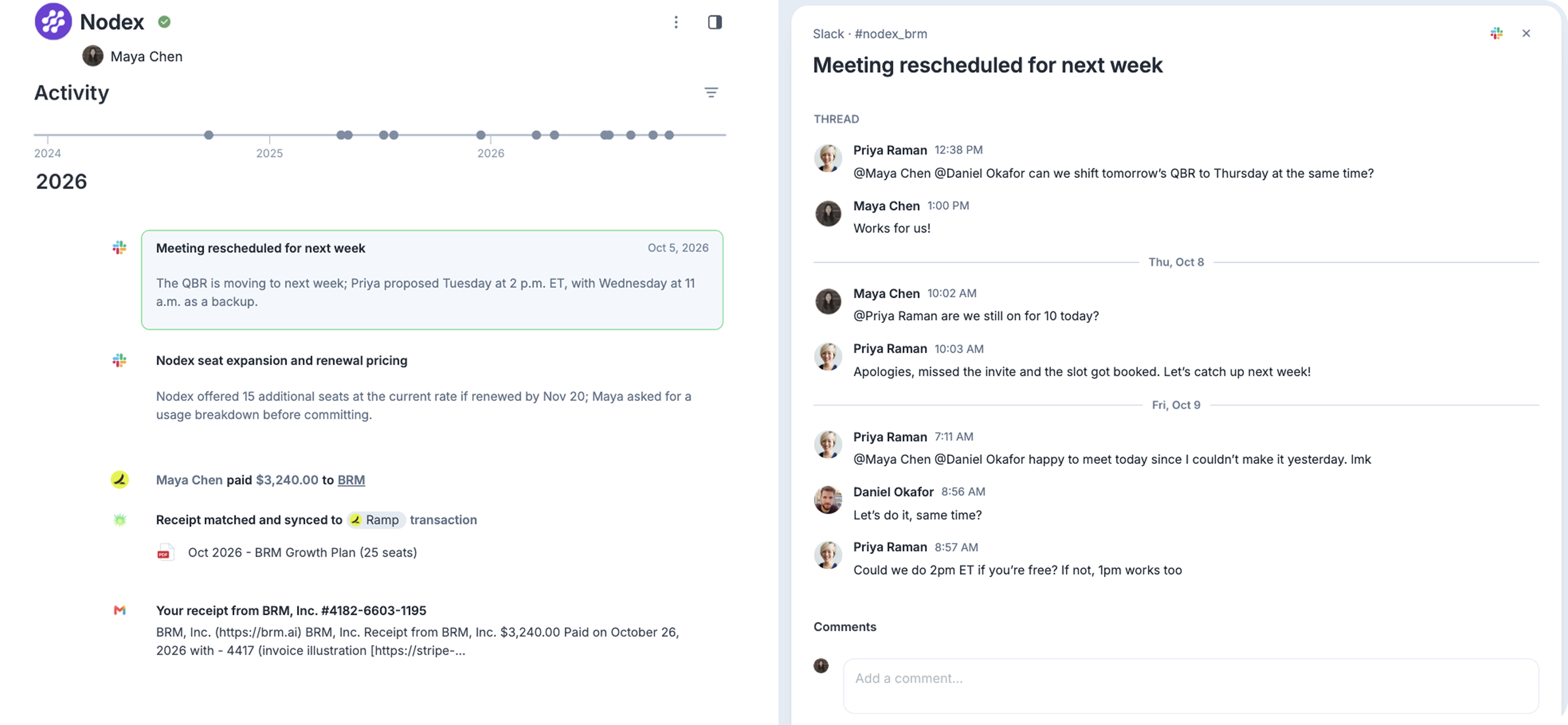 A Slack exchange on a vendor's Relationship timeline