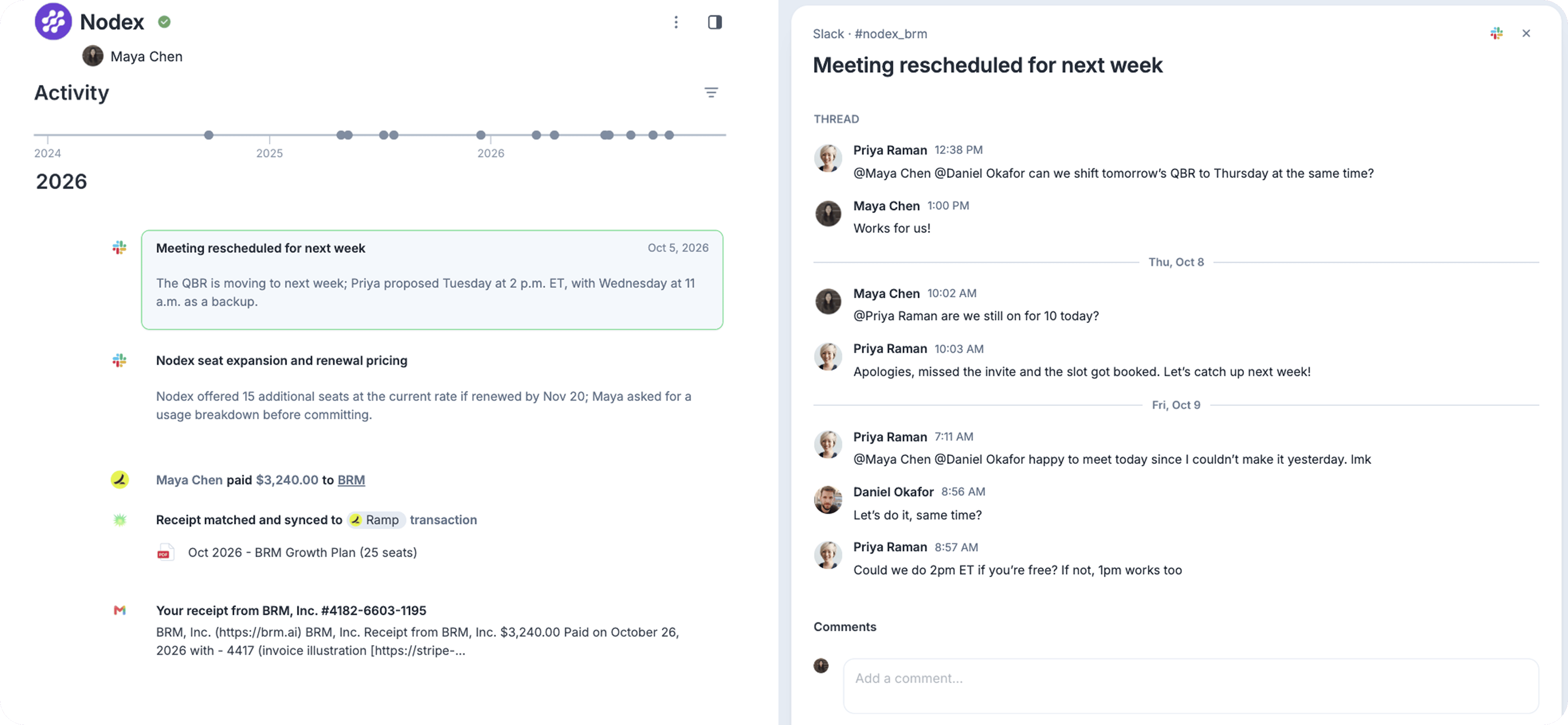 A Slack exchange on a vendor's Relationship timeline