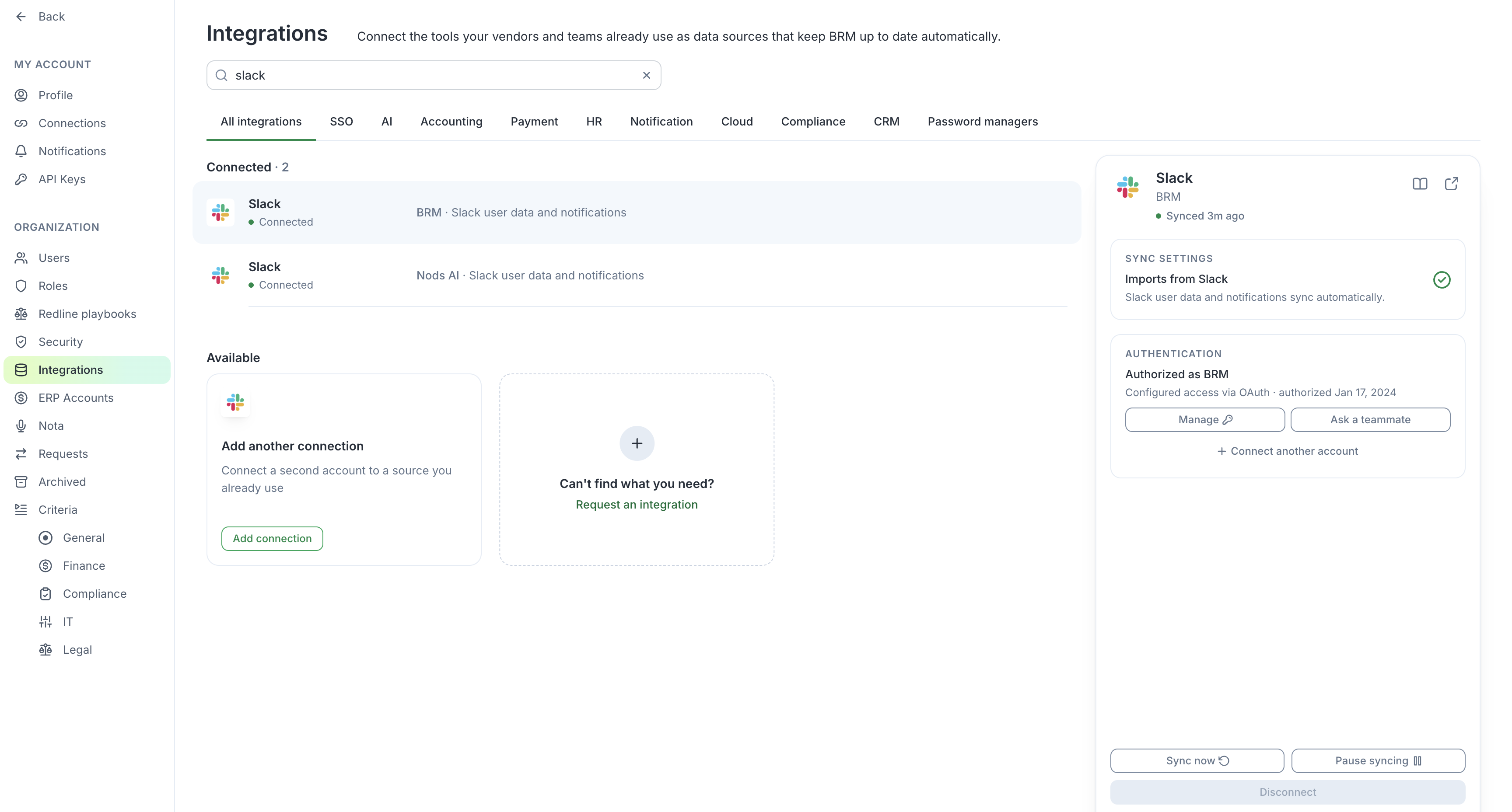 Slack connections on the Integrations page