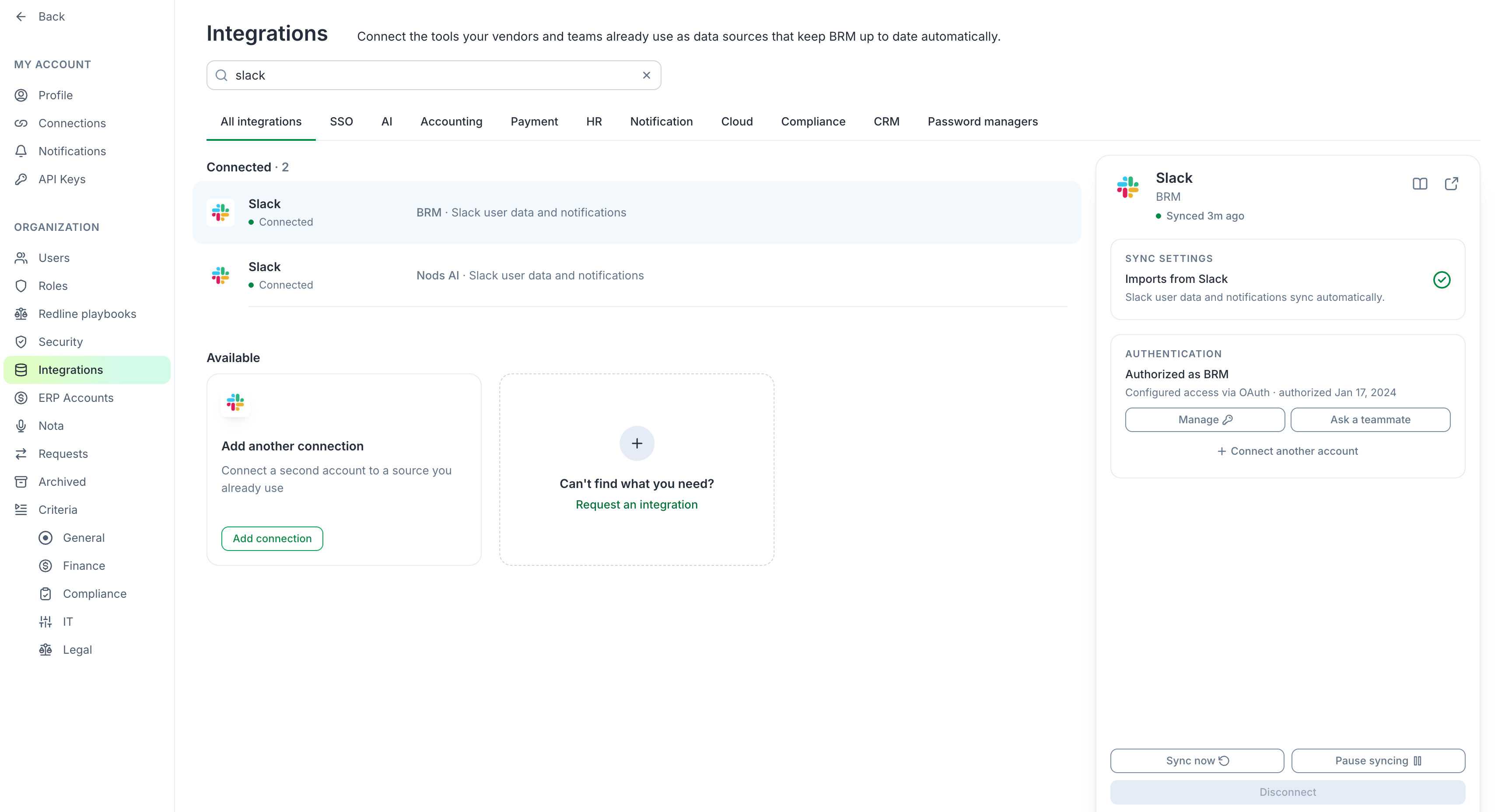 Slack connections on the Integrations page