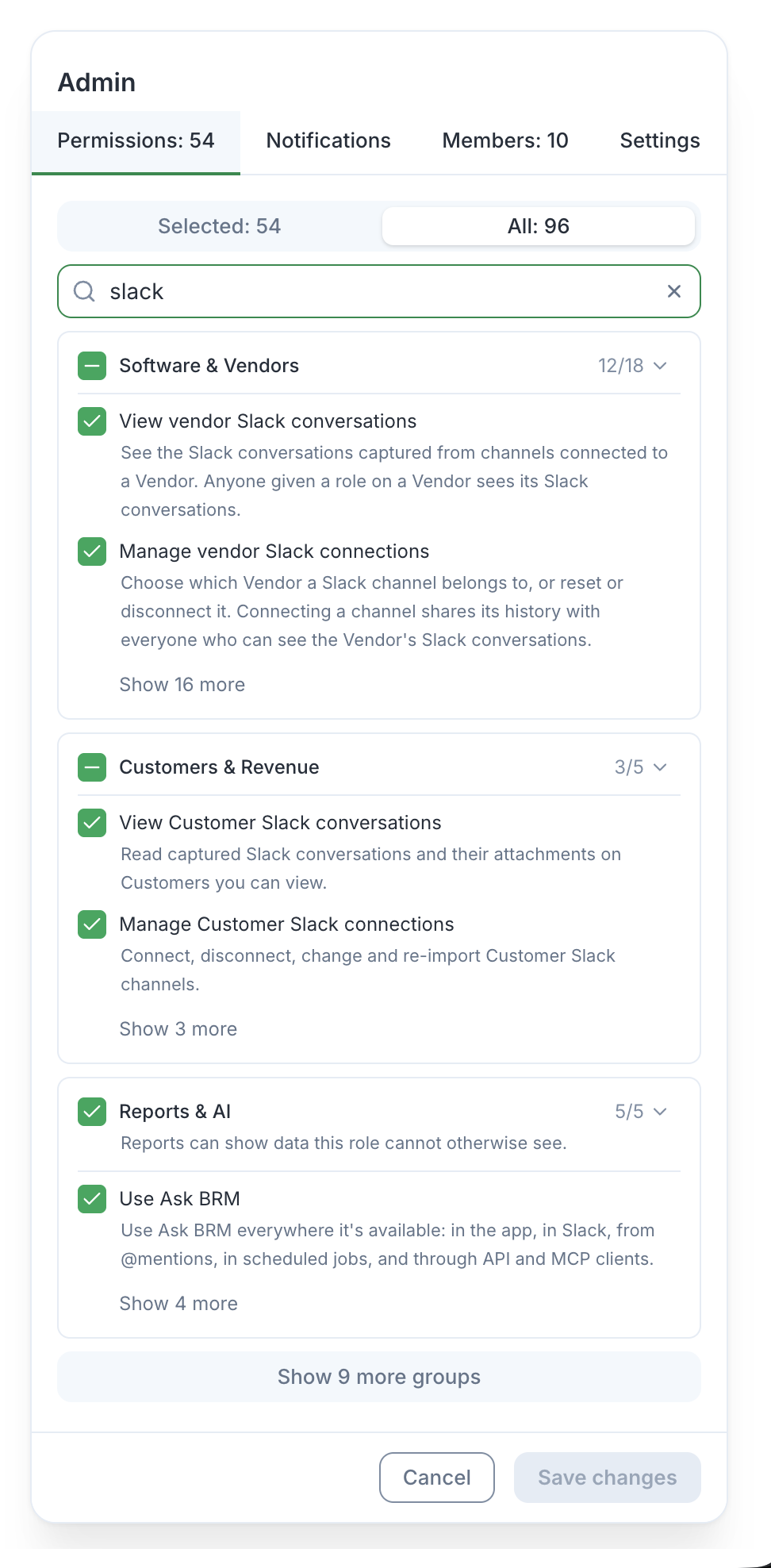 Slack permissions in role settings