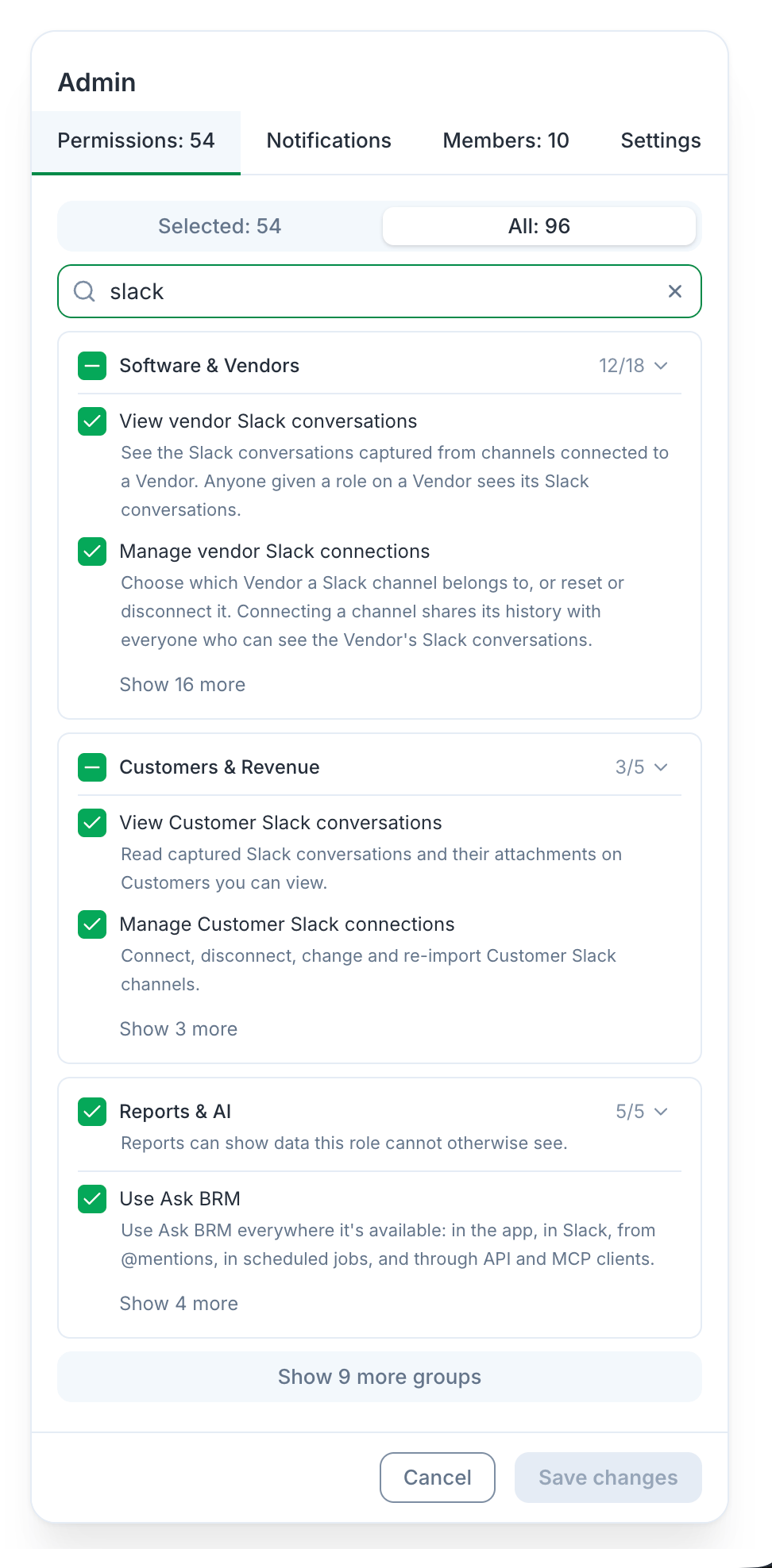 Slack permissions in role settings