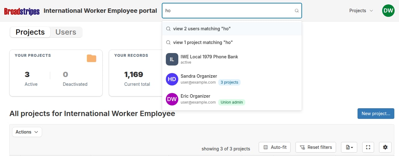 Union portal search dropdown with project and user results