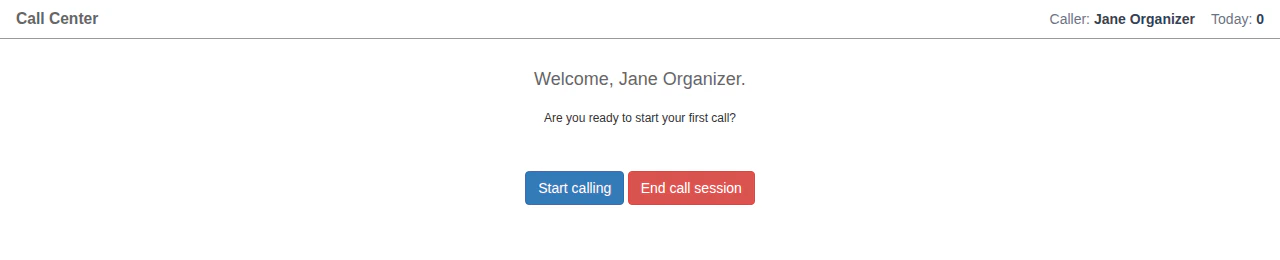Random pool welcome screen with Start calling and End call session buttons