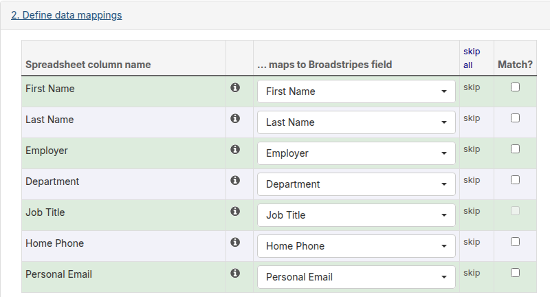 The Define data mappings table with spreadsheet columns mapped to Broadstripes fields