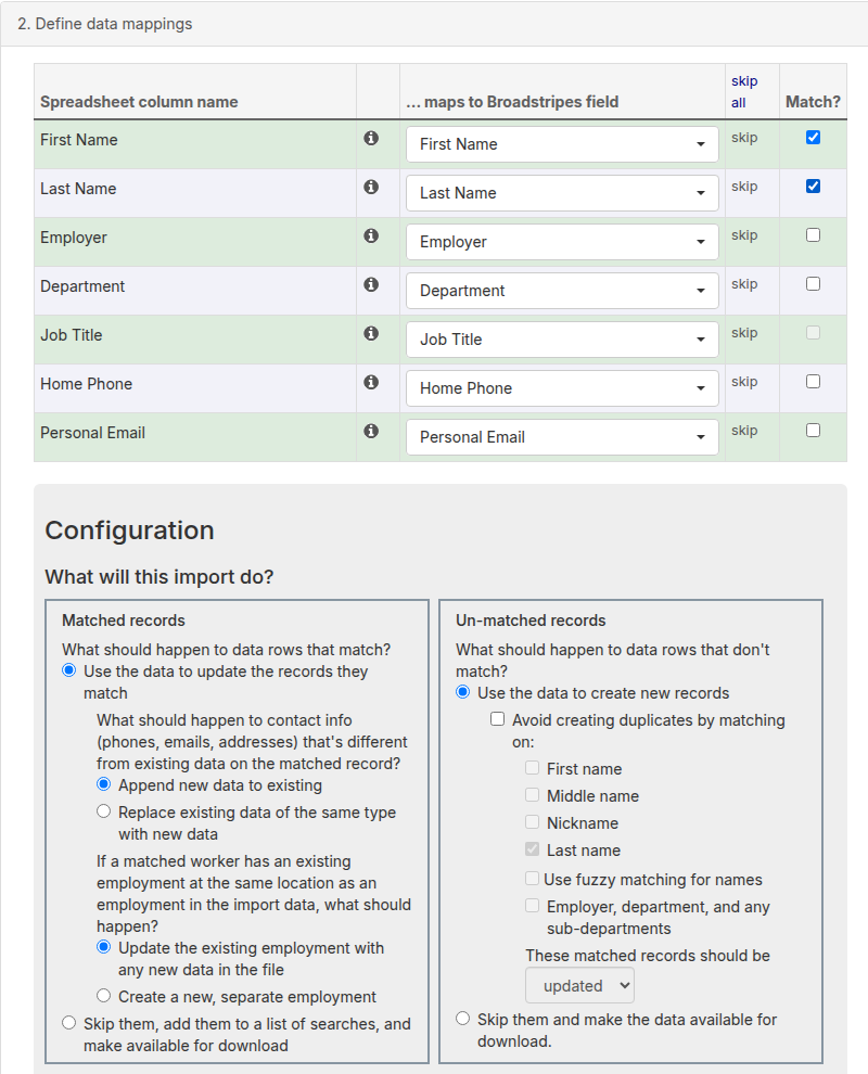The Configuration panel with a Match? column checked, showing matched records options