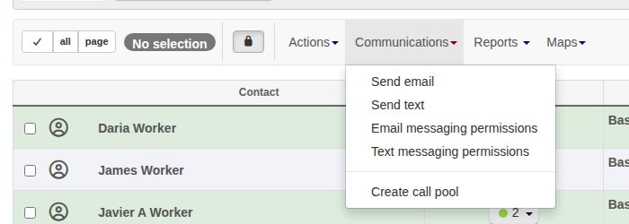 Communications dropdown menu showing the Send email option