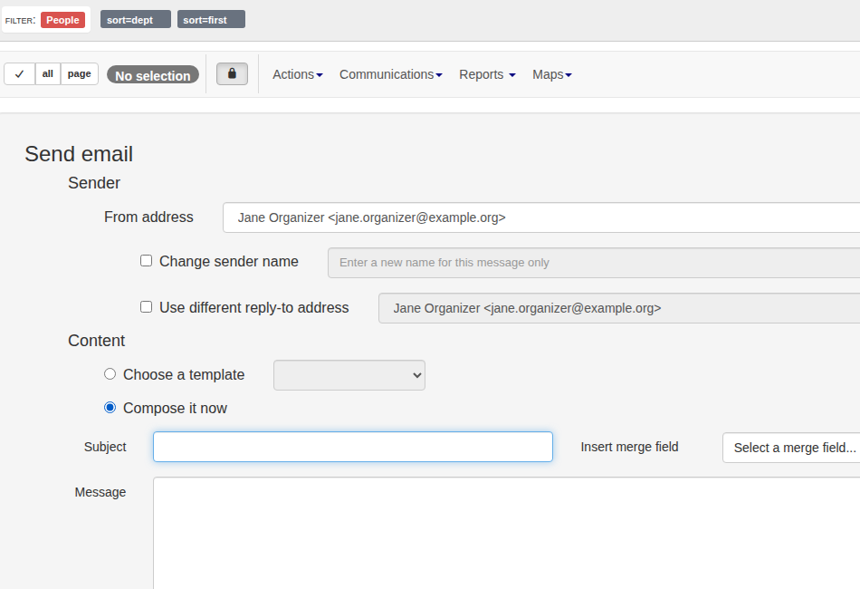 Send email compose panel showing sender and content options