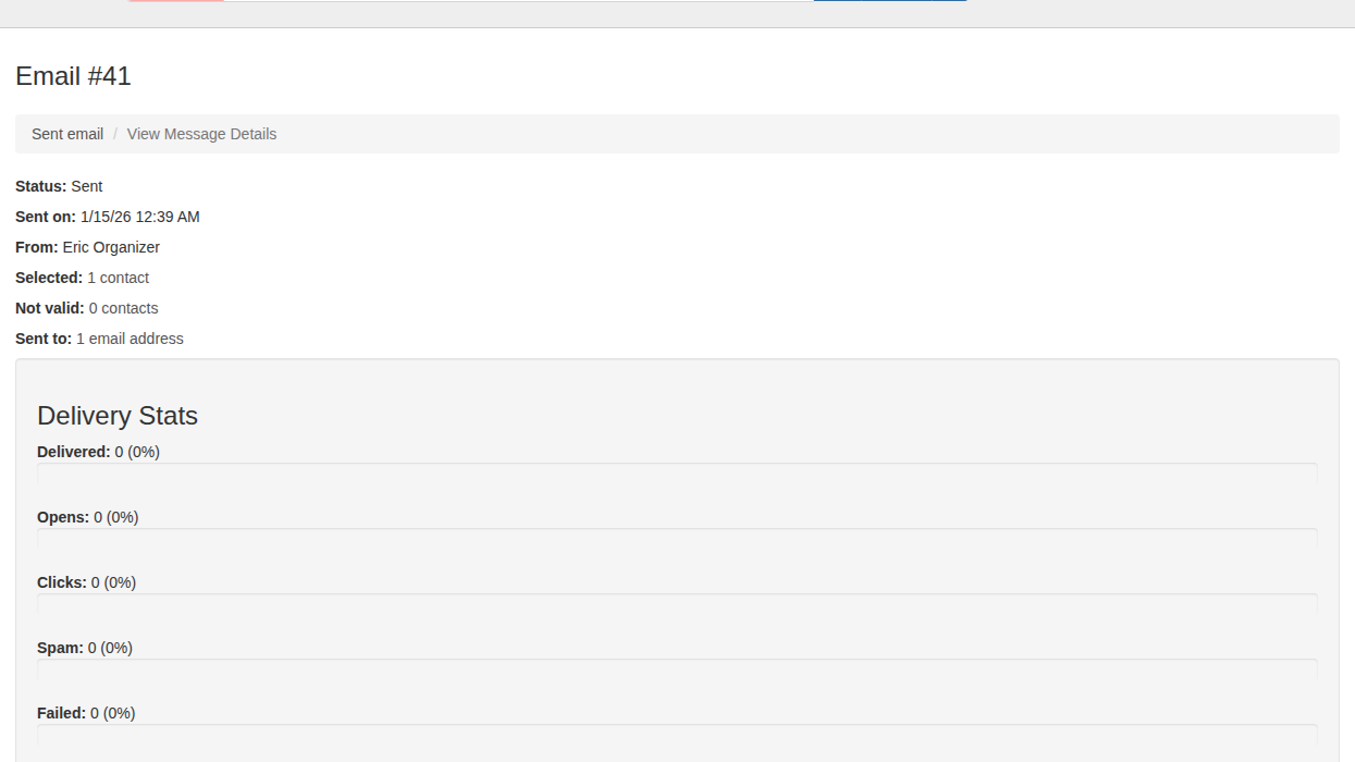 Message detail page showing delivery stats and email metadata