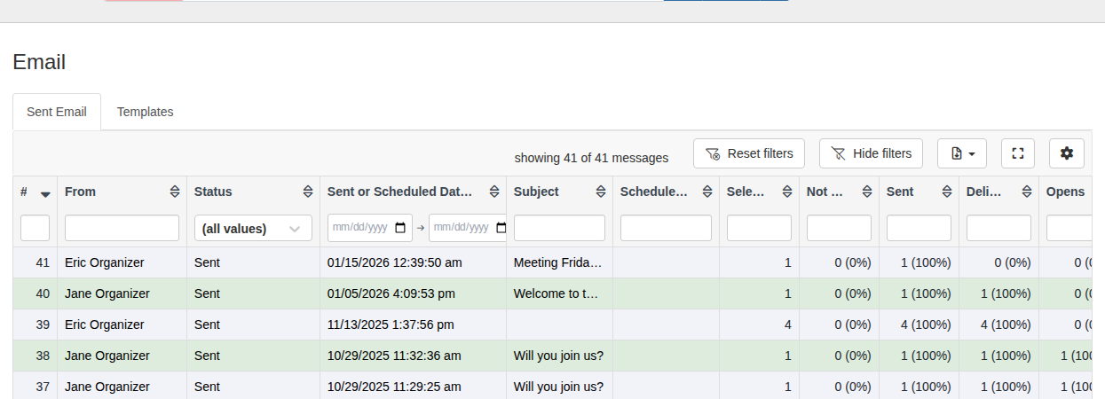 Sent email table showing a list of sent messages with delivery statistics