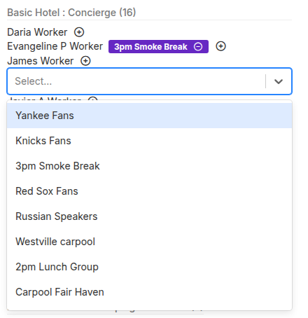 Add members view listing Concierge workers with colored group labels and an open group drop-down list